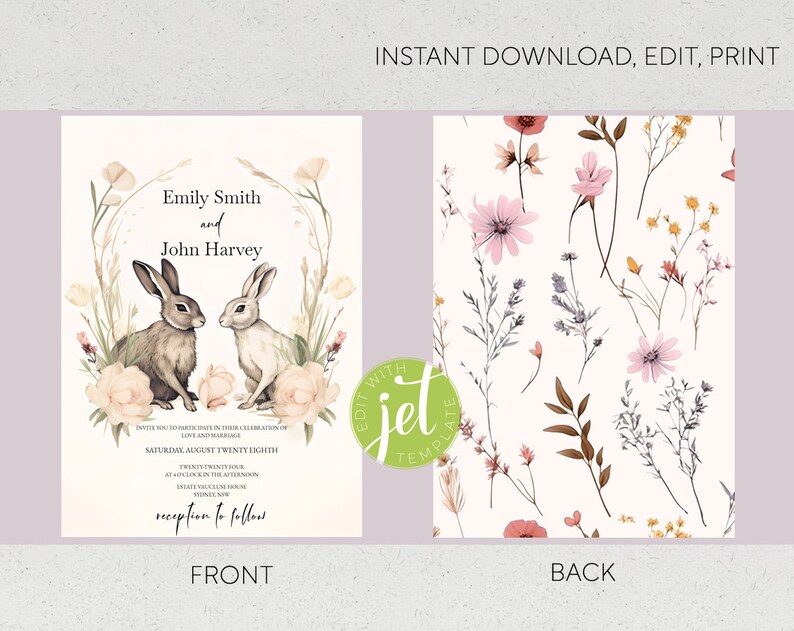Bunny Wedding Invitation Template Rabbit Wedding Invite Fantasy Party ...