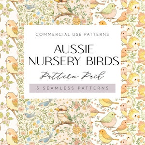 May include: A set of five seamless patterns featuring cute Australian birds in a whimsical nursery style. The patterns are perfect for creating fabric, wallpaper, or other craft projects.