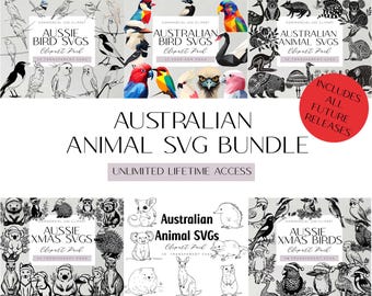 Paquete de imágenes prediseñadas SVG de animales australianos Acceso de por vida a la tienda Ilustración de koala Canguro Aves nativas australianas Conjunto de siluetas cortadas con láser a granel