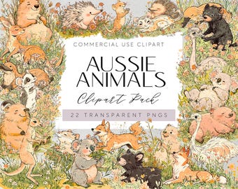 Puede incluir: Un paquete de clipart digital con 22 ilustraciones de animales australianos, incluyendo un koala, un canguro, un equidna, un dingo y un emú. Las ilustraciones son de estilo de dibujos animados y se encuentran sobre un fondo de flores y follaje. El texto "Aussie Animals Clipart Pack 22 Transparent PNGs" se muestra en el centro de la imagen.
