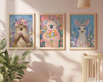 Australian Art Animals Floral Art Print Set Girls Nursery Decor Set of 3 Australian Animals Koala Wombat Kangaroo Prints