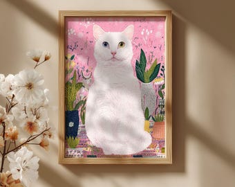 May include: A framed art print featuring a white cat with one blue and one yellow eye, set against a pink floral background. The cat is surrounded by potted plants in various decorative vases. The artwork is in a wooden frame.