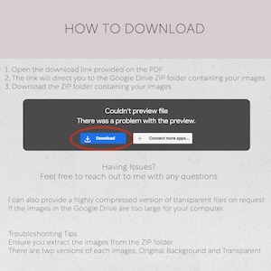 May include: A screenshot of a web page with instructions on how to download a ZIP folder containing images. The page includes a download button and troubleshooting tips.