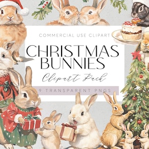 Christmas Rabbit Clipart Watercolor Xmas Bunny Christmas Bunnies PNG Rabbits Card Making Hare Scrapbook Santa Junk Journal Cute Crafts