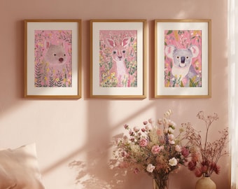 Australian Art Animals Art Print Set Floral Native Koala Nursery Decor Set of 3 Australian Animals Flower Kangaroo Digital Wombat Prints