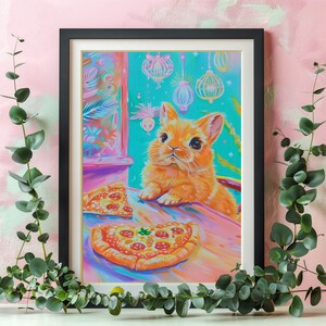 Rabbit Art Print Bunny Wall Painting Oil Painting Bunny Rabbit Art Digital Download Instant Print Cute Pizza Painting Rabbit Print