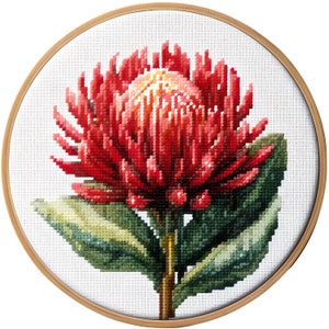 May include: A close-up of a red and green embroidered flower in a wooden embroidery hoop. The flower is a protea, a type of flower native to South Africa.