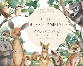 Puede incluir: Un paquete de clipart digital con 12 ilustraciones de acuarela de animales australianos lindos, incluyendo un canguro, un koala, un equidna, un kookaburra, y más. Las ilustraciones están en un estilo de dibujos animados y son perfectas para usar en proyectos digitales.