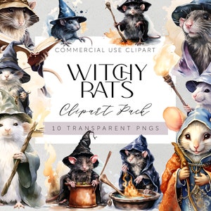 Witchy Rat Clipart Watercolor Halloween Rat Witchy Mice PNG Rat Card Making Mice Scrapbook Halloween Junk Journal Cute Crafts