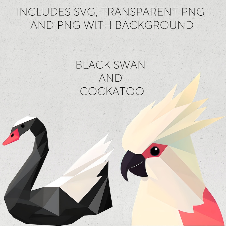 May include: A black swan and a white cockatoo with red accents, both rendered in a geometric style. The birds are isolated against a textured gray background.