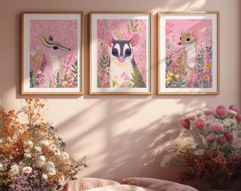 Australian Art Animals Art Print Set Floral Native Sugar Glider Nursery Decor Set of 3 Australian Animals Flower Quoll Digital Numbat Prints
