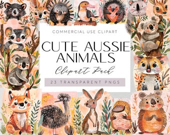 Puede incluir: Una colección de ilustraciones en acuarela con varios animales australianos, incluyendo koalas, canguros y equidnas. Se muestra el texto "CUTE AUSSIE ANIMALS Clipart Pack", junto con "23 TRANSPARENT PNGS". La obra de arte tiene una paleta de colores suaves y pastel.