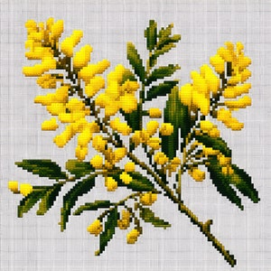 May include: A cross-stitch image of a yellow flowering plant with green leaves and stems. The flowers are in dense, rounded clusters, and the leaves are long and slender. The background is a light, textured fabric.