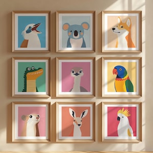 Australian Art Minimalist Animals Art Print Set Retro Nursery Decor Set of 9 Australian Animals Kangaroo Bulk Koala Dingo Prints