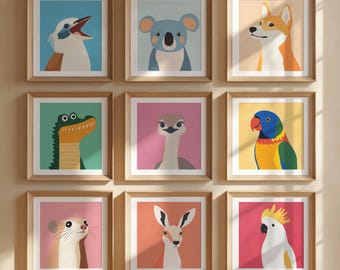 Australian Art Minimalist Animals Art Print Set Retro Nursery Decor Set of 9 Australian Animals Kangaroo Bulk Koala Dingo Prints