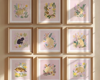 Australian Art Baby Tiere Art Print Set Blumen Pastell Kinderzimmer Dekor 9 australische Tiere Känguru Koala Dingo Schnabeltier Numbat