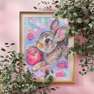 Rabbit Art Print Bunny Wall Painting Oil Painting Bunny Rabbit Art Digital Download Instant Print Cute Apple Painting Rabbit Print