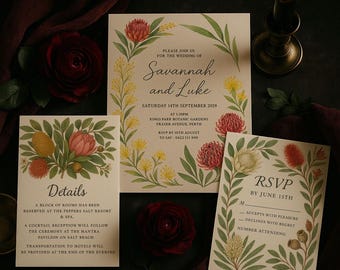 Conjunto de plantillas de invitación de boda con flores australianas. Plantillas de invitación de boda Waratah en acuarela. Invitaciones florales DIY. Invitaciones florales australianas.