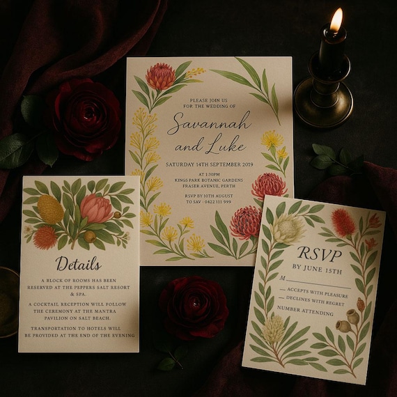 Australian Floral Wedding Invite Template Set Watercolor Waratah Wedding Invitation Templates DIY Floral Invites Floral Australian Invites
