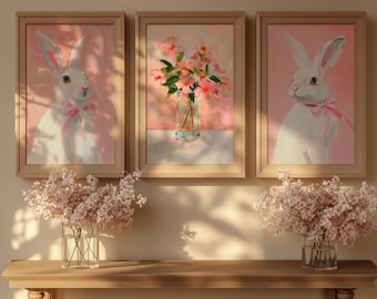 Rabbit Art Print Bunny Wall Painting Oil Painting Bunny Rabbit Art Digital Download Instant Print Cute Floral Painting Rabbit Print