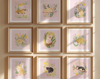 Australian Art Baby Tiere Art Print Set Blumen Pastell Kinderzimmer Dekor 9 australische Tiere Känguru Koala Dingo Schnabeltier Numbat