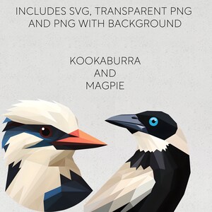 May include: A digital illustration of a kookaburra and a magpie. The kookaburra is on the left and the magpie is on the right. Both birds are depicted in a low-poly style with a white background.