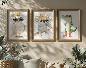 Australian Art Animals Cockatoo Art Print Set Boy Nursery Decor Set of 3 Australian Animals Koala Crocodile Prints
