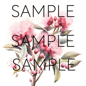 May include: A watercolor painting of pink flowers with green leaves and the word "SAMPLE" repeated three times.