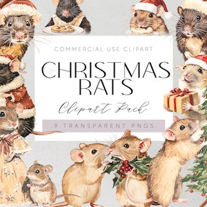 May include: Nine digital illustrations of Christmas rats in various poses. The rats are wearing Santa hats, holding presents, and standing near a Christmas tree. The illustrations are in a watercolor style and have a whimsical feel.