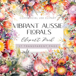 May include: Watercolour clipart pack featuring 17 vibrant Australian floral illustrations. The flowers are a mix of red, yellow, pink, and white, with green leaves and stems. The text "VIBRANT AUSSIE FLORALS Clipart Pack 17 TRANSPARENT PNGS" is displayed on a white background.