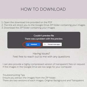 Op de afbeelding: Een webpagina met downloadinstructies. Het bevat stappen voor het downloaden van een ZIP-map van Google Drive. Een blauwe "Download"-knop is gemarkeerd in een grijs vak, wat duidt op een probleem met de bestandsweergave.