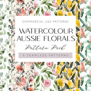 Pode incluir: Um conjunto de cinco padrões florais de aquarela com flores nativas australianas. Os padrões incluem folhas de eucalipto, flores de banksia vermelhas, flores de acácia amarelas e flores de waratah rosas. Os padrões são sem costura e podem ser usados para uma variedade de projetos, como tecidos, papel de parede e papelaria.