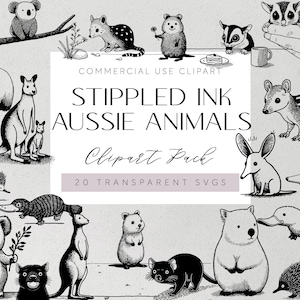 May include: A collection of black and white stippled ink illustrations of Australian animals, such as a koala, kangaroo, and wombat. The image features the text "Stippled Ink Aussie Animals Clipart Pack" and "Commercial Use Clipart".
