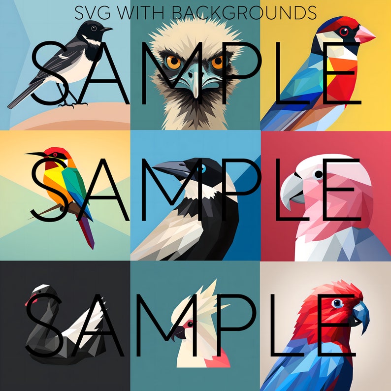 May include: A collage of nine colorful geometric bird illustrations. The birds are arranged in a 3x3 grid with the word "SAMPLE" in the center. The birds are all different colors and have different patterns.