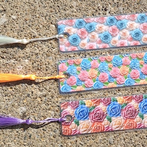 3D Embroidered Rose Bookmarks with Tassels, Custom Laminated, Waterproof, Personalized Made to Order Gift for Readers
