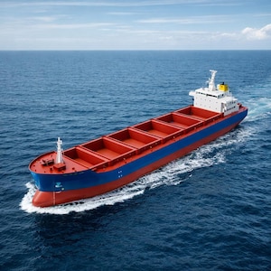 Pode incluir: Um grande navio de carga navegando no oceano. O navio tem um casco vermelho, laterais azuis e porões vermelhos. A superestrutura é branca com detalhes amarelos. O navio está se movendo em águas azuis sob um céu azul.