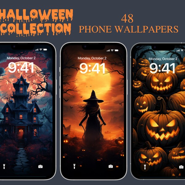 Halloween 48 Phone Wallpapers Collection, Haunted House Screensaver, iPhone Spooky Cemetery Lock Screen - Instant Digital Download