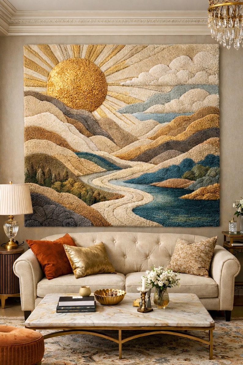 Op de afbeelding: Een groot rechthoekig wandtapijt met een getextureerd, getuft landschapsontwerp. Het kunstwerk toont een heldere gouden zon die licht uitstraalt over glooiende heuvels, een kronkelende rivier en een bos in tinten blauw, beige en bruin.