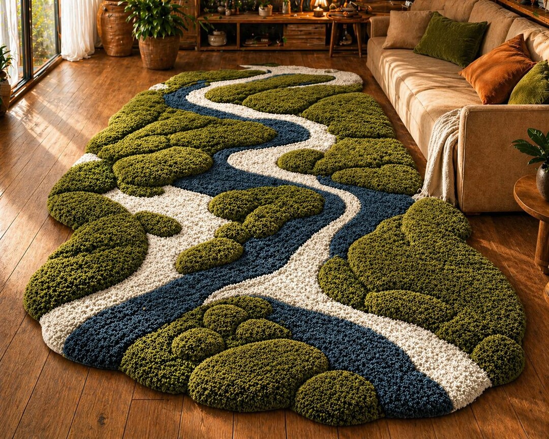 Hand Tufted Wool Area Rug River Pebble Design Green Blue Abstract ...