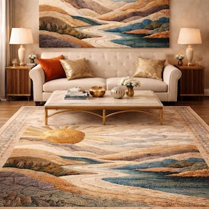 Op de afbeelding: Een groot rechthoekig vloerkleed met een gestructureerd landschapsontwerp met een prominente gouden zon, glooiende heuvels en een kronkelende rivier in tinten blauw, beige en bruin. Het kleed is voorzien van een decoratieve rand.