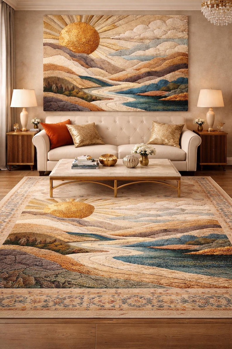 Op de afbeelding: Een groot rechthoekig vloerkleed met een gestructureerd landschapsontwerp met een prominente gouden zon, glooiende heuvels en een kronkelende rivier in tinten blauw, beige en bruin. Het kleed is voorzien van een decoratieve rand.