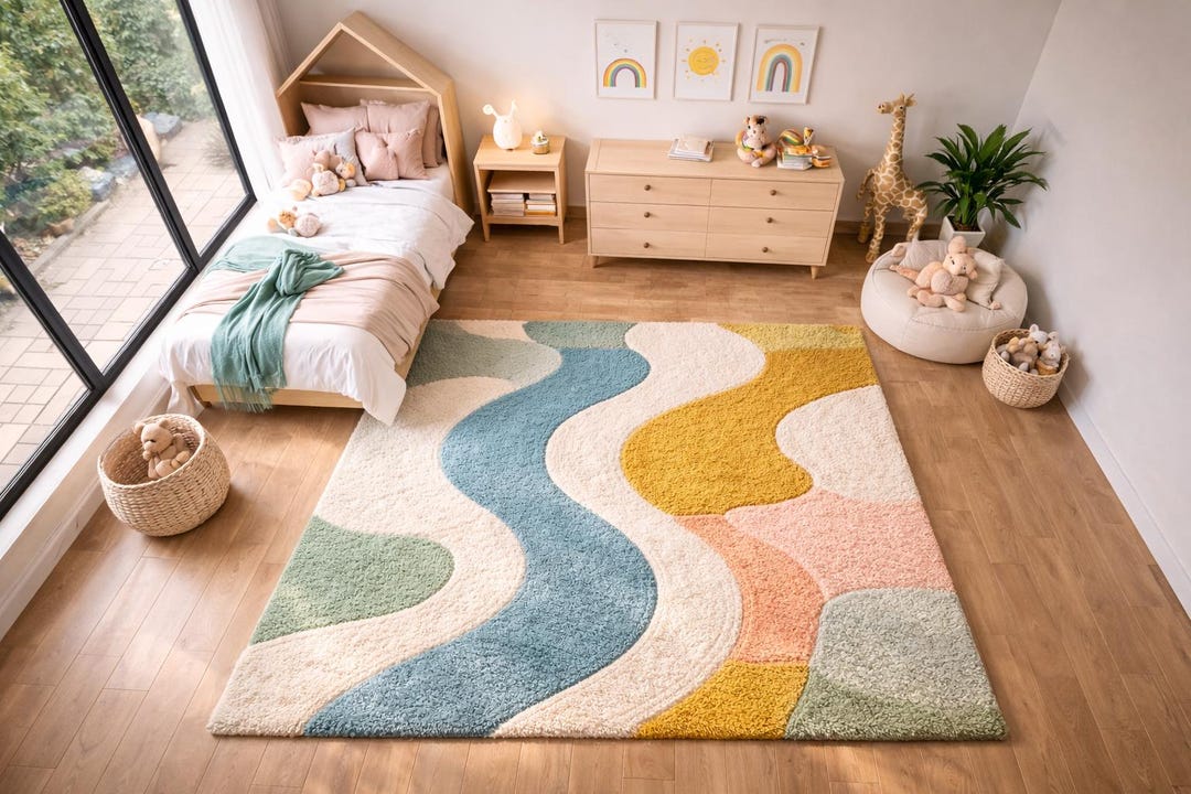 Hand Tufted Wool Rug, Abstract Waves, Kids Room Play Toddler Nursery ...