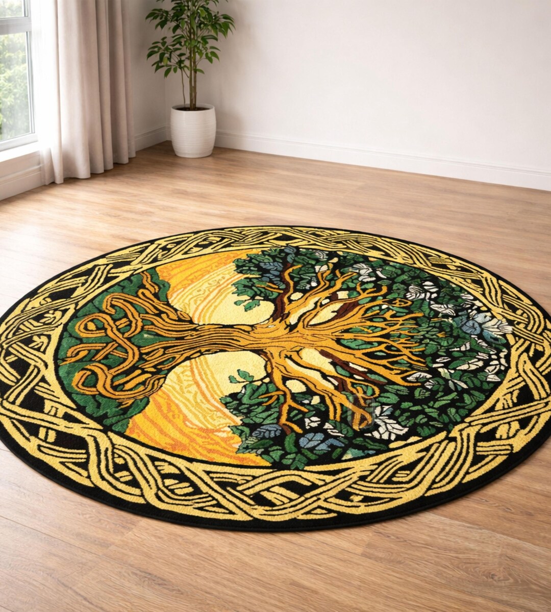 Tree Designed Rugs Hand-tufted Wool Tree of Life Rug: Celtic Boho Carpet, Green Gold ...