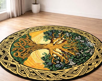 Hand-Tufted Wool Tree of Life Rug: Celtic Boho Carpet, Green Gold Nature Motif