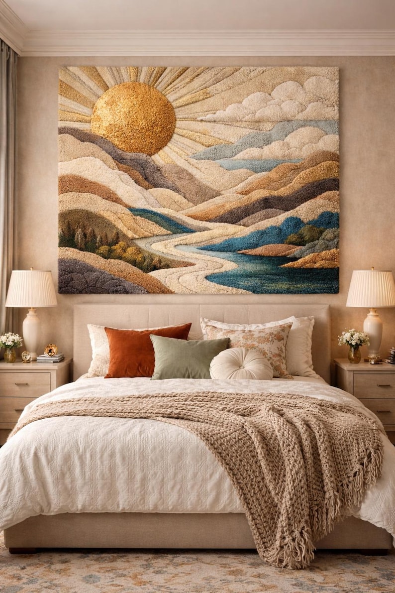 Op de afbeelding: Een grote rechthoekige wandhanger met een getextureerd, getuft landschapsontwerp. Het kunstwerk toont een gouden zon die opkomt boven gelaagde bergen, glooiende heuvels en een kronkelende rivier in tinten blauw, beige, bruin en cr&egrave;me.
