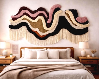 Handgetuft abstract muurtapijt groot textiel muur hangend bohovezelkunst hoofdeinde muurdecor modern golvend neutraal slaapkamer statement decor tapijt