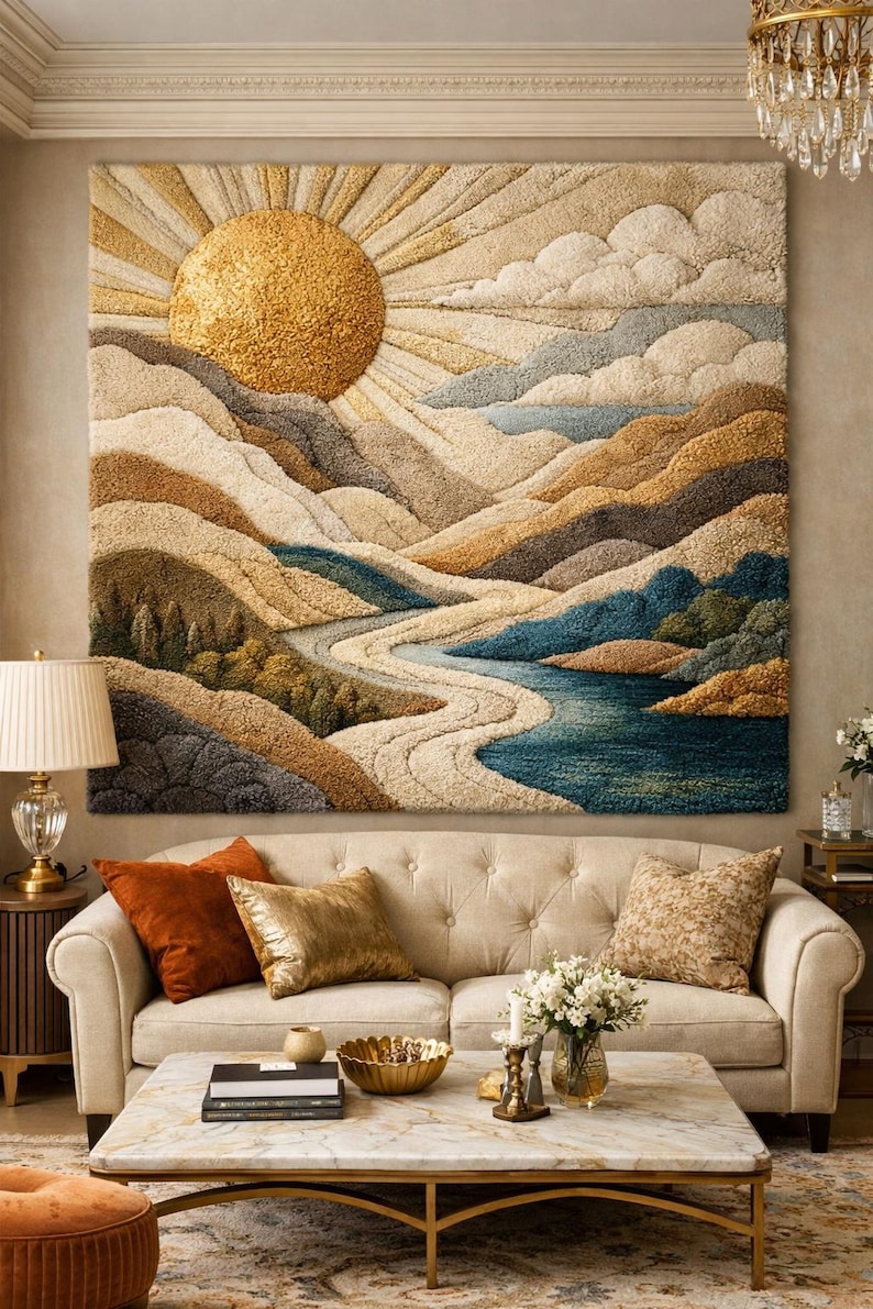Handgetuft wandtapijt met zonsonderganglandschap, 3D-getextureerde vezelkunst muurdecoratie afbeelding 9