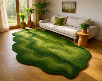Green Abstract Topographic Rug, Hand Tufted Organic Shape Carpet, Scandinavian Style Home Decor