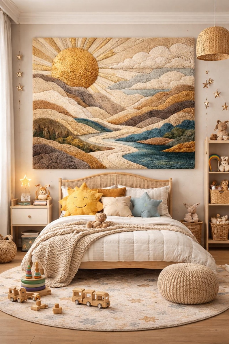 Op de afbeelding: Een grote rechthoekige getufte wandhanger met een zon, wolken, bergen en een rivier in goud-, beige-, bruin- en blauwtinten. De slaapkamer bevat een rotan bed, een zonvormig kussen, een stervormig kussen en houten speelgoed.
