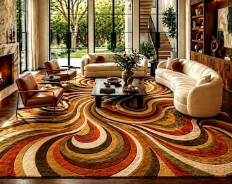 Handgetuft wollen abstract wervelend vloerkleed, aardetinten modern woonkamertapijt